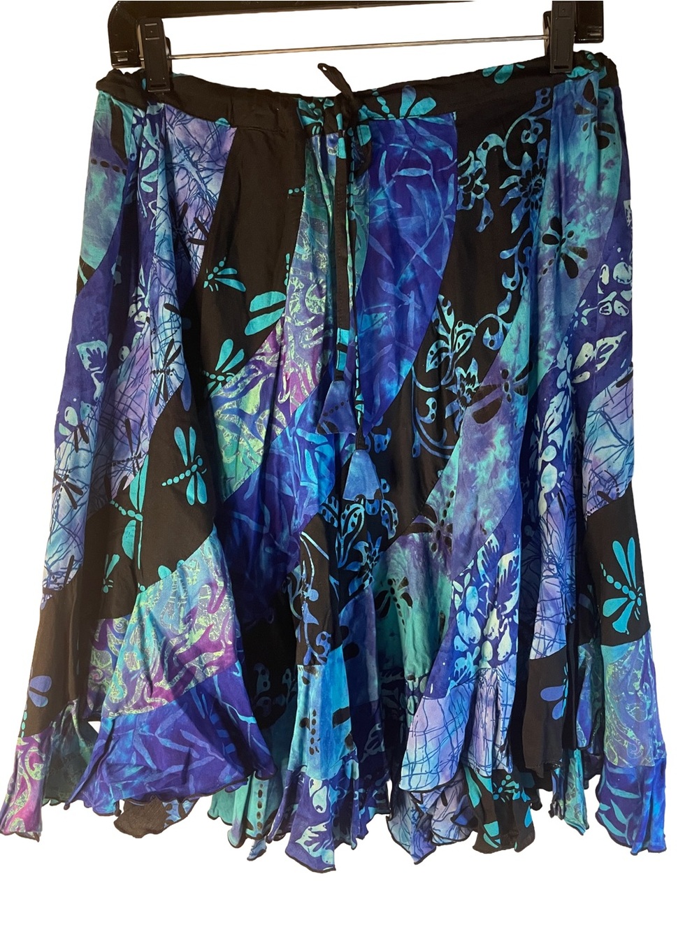 Tropical Vibrations Blue/Teal Black Floral/Dragonfly Ruffle Women’s Skirts